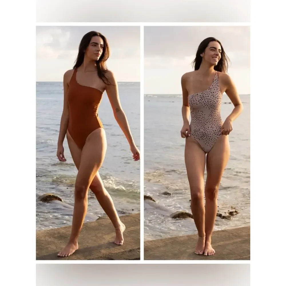 Kainani Swimwear Genevieve Reversible One Shoulder Swimsuit M Caramel Speckle